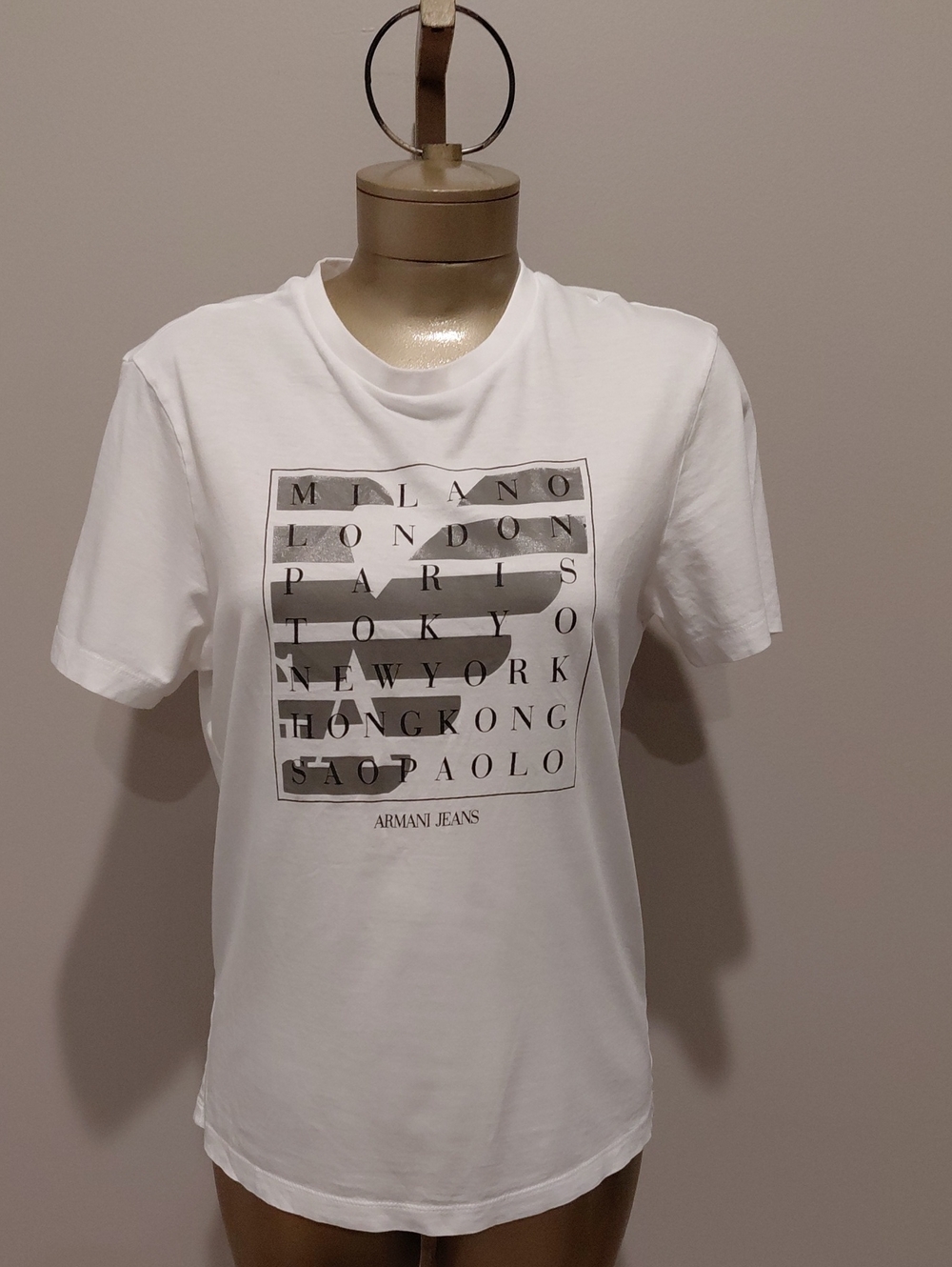 Armani Jeans White Short-Sleeve Tee with Black City-Name Graphic